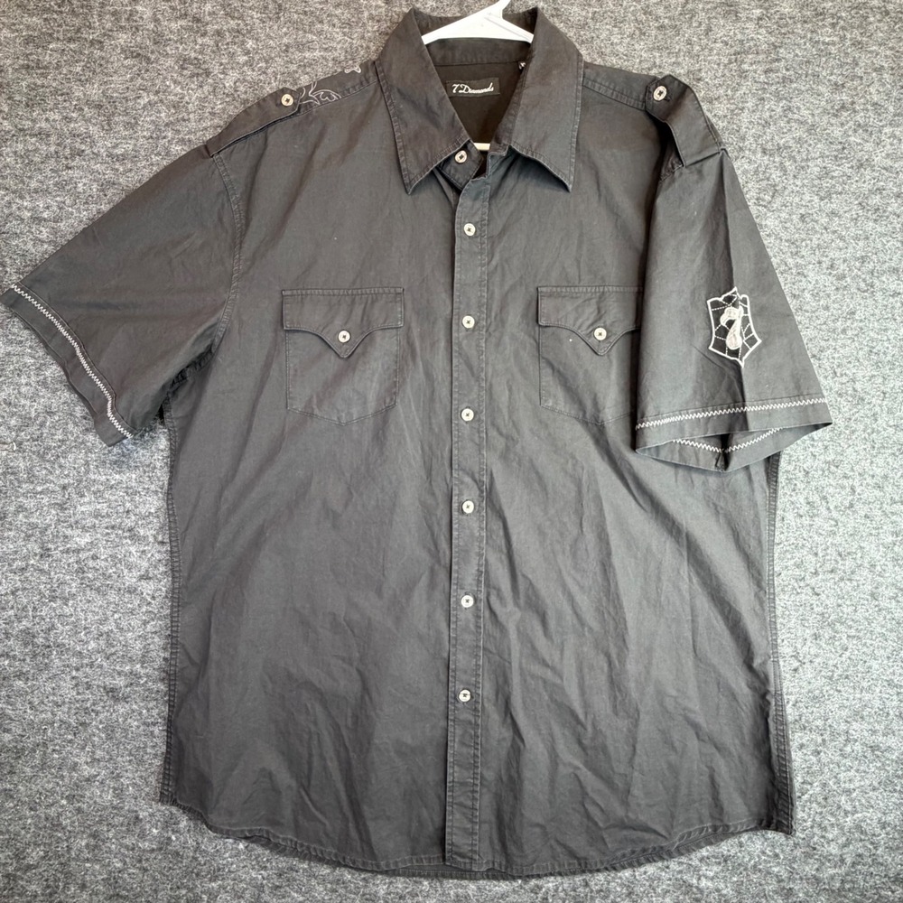 7 Diamonds Button Down Shirt Mens XXL Black Embroidered Western Short Sleeve